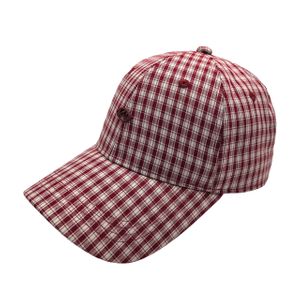 Red White Gingham Plaid 6 Panel Baseball Cap With Oval Embossed Metal Logo