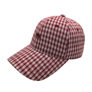 Red White Gingham Plaid 6 Panel Baseball Cap With Oval Embossed Metal Logo