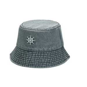 Washed Denim Ship Wheel Embroidered Bucket Hat