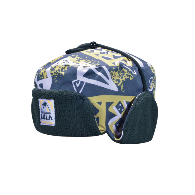 Navy Plaid Wool Blend Winter Trapper Cap with Faux Fur Ear Flaps