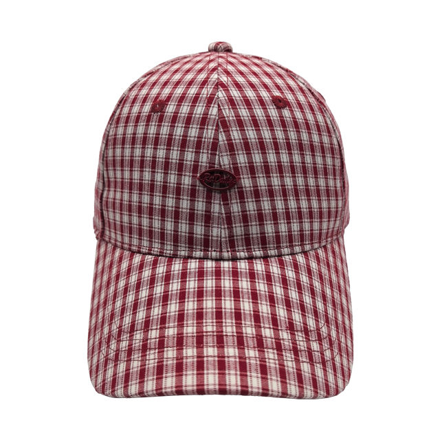 Red White Gingham Plaid 6 Panel Baseball Cap With Oval Embossed Metal Logo
