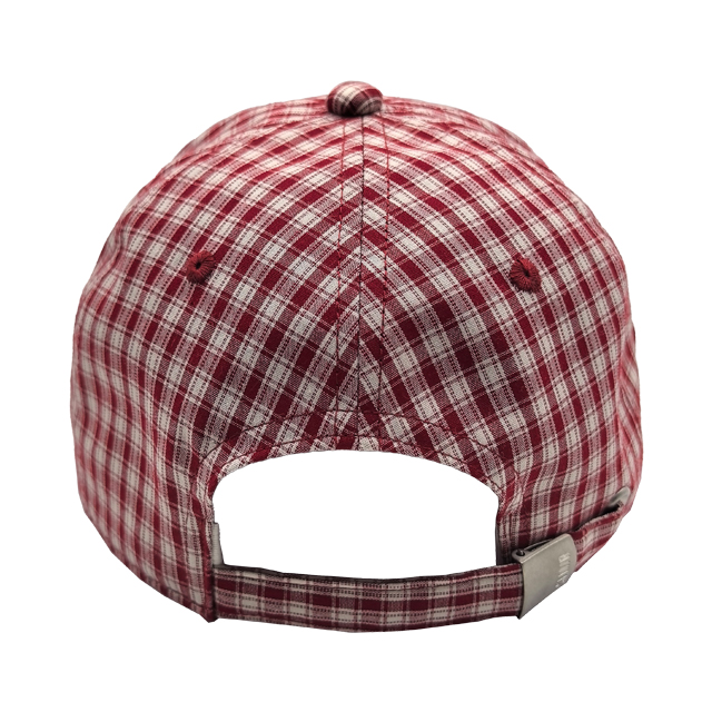 Red White Gingham Plaid 6 Panel Baseball Cap With Oval Embossed Metal Logo