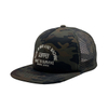 Jungle Camo Half Mesh Flat Brim Trucker Cap With Multi-Line Supply Text Screen Print