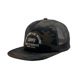 Jungle Camo Half Mesh Flat Brim Trucker Cap With Multi-Line Supply Text Screen Print