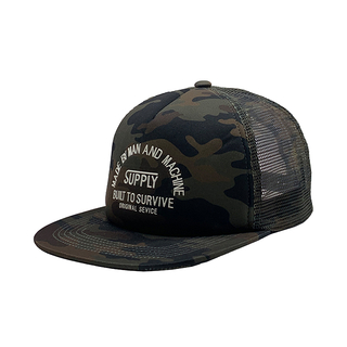 Jungle Camo Half Mesh Flat Brim Trucker Cap With Multi-Line Supply Text Screen Print