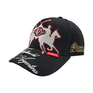 polo themed baseball cap, heavy multi‑color embroidery hat, black cotton twill casual cap