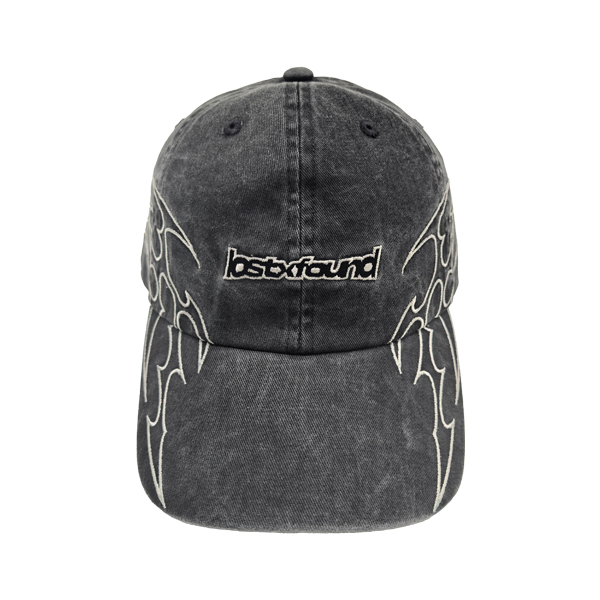 Acid Washed Distressed Cotton Dad Hat With Front Logo & Tribal Flame Side Embroidery