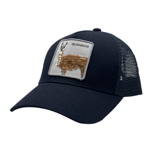 Navy Half Mesh 6 Panel Trucker Cap With Guanaco Llama Square Woven Patch
