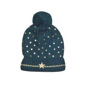 Dark Teal Gold Star & Dot Pom Pom Knit Winter Beanie Hat