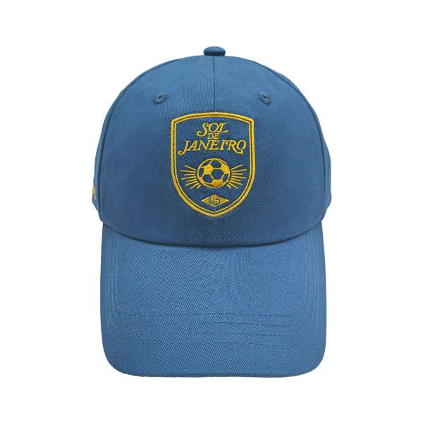 6 Panel Structured Cotton Twill Baseball Cap With Yellow Shield Soccer Embroidery