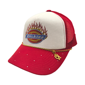High Crown Trucker Cap With Flame Glitter Print & Decor Gold Chain