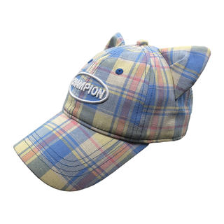 Pastel Multicolor Plaid Cat Ear Baseball Cap With Oval Champion Embroidery