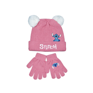 Kids Disney Stitch Pink Knit Beanie & Gloves Winter Set