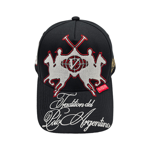 polo themed baseball cap, heavy multi‑color embroidery hat, black cotton twill casual cap