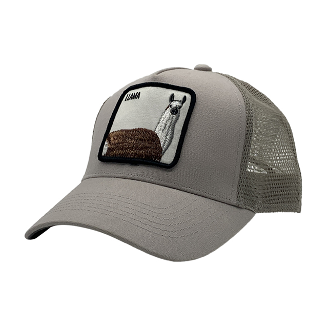 Navy Half Mesh 6 Panel Trucker Cap With Guanaco Llama Square Woven Patch