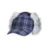 Navy Plaid Wool Blend Winter Trapper Cap with Faux Fur Ear Flaps