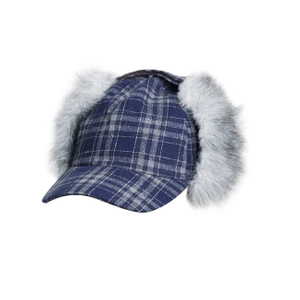 Navy Plaid Wool Blend Winter Trapper Cap with Faux Fur Ear Flaps