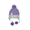 Kids Purple Bunny "HAPPY" Knit Winter Hat with Ear Flaps & Pom Poms