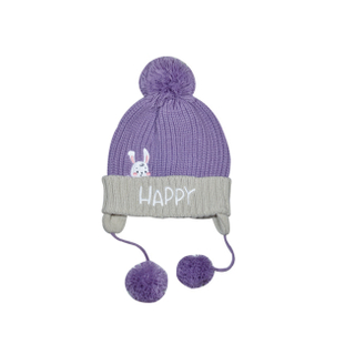 Kids Purple Bunny "HAPPY" Knit Winter Hat with Ear Flaps & Pom Poms