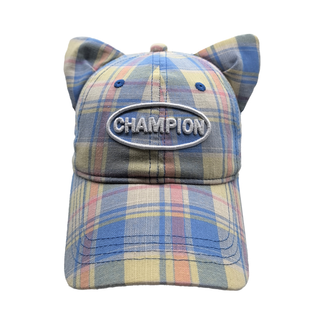 Pastel Multicolor Plaid Cat Ear Baseball Cap With Oval Champion Embroidery