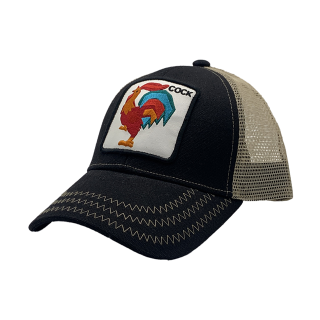 Navy Half Mesh 6 Panel Trucker Cap With Guanaco Llama Square Woven Patch