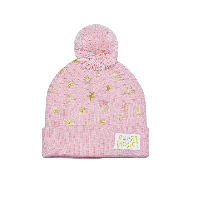 Dark Teal Gold Star & Dot Pom Pom Knit Winter Beanie Hat