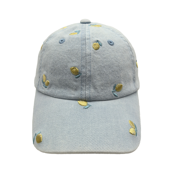 Washed Denim Dad Hat With All Over Lemon Embroidery