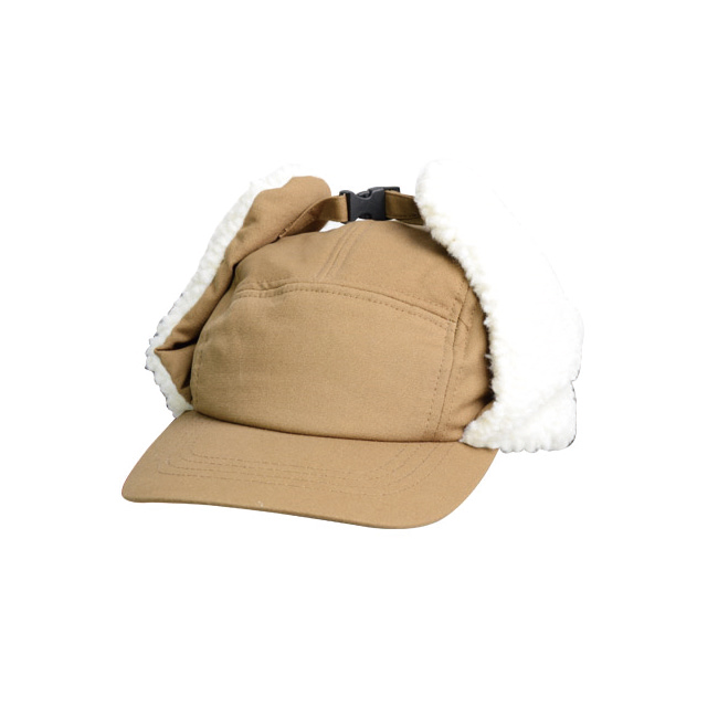 Navy Plaid Wool Blend Winter Trapper Cap with Faux Fur Ear Flaps
