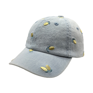 Washed Denim Dad Hat With All Over Lemon Embroidery