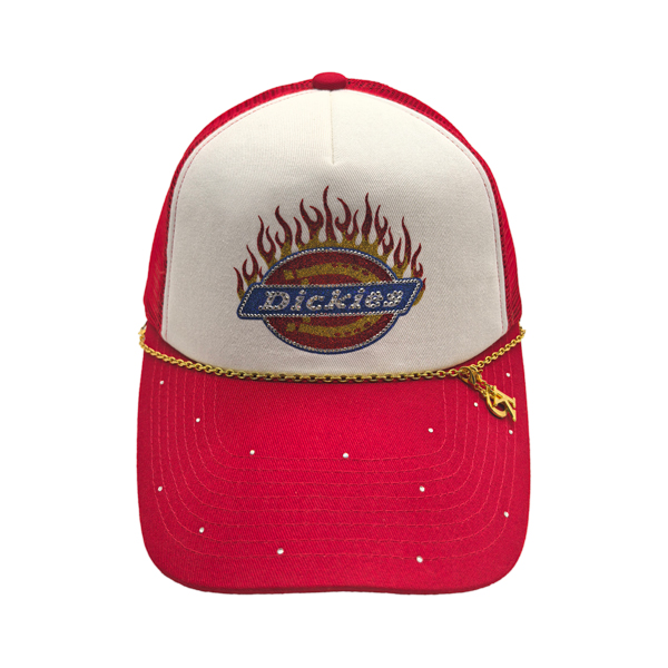 High Crown Trucker Cap With Flame Glitter Print & Decor Gold Chain