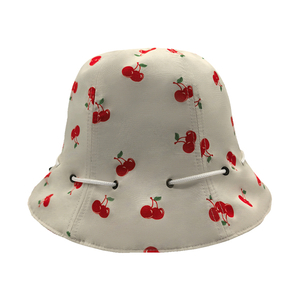 Cream Base Red Cherry Print Bucket Hat With Adjustable Side Drawstring
