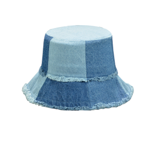Two-Tone Patchwork Frayed Denim Bucket Hat